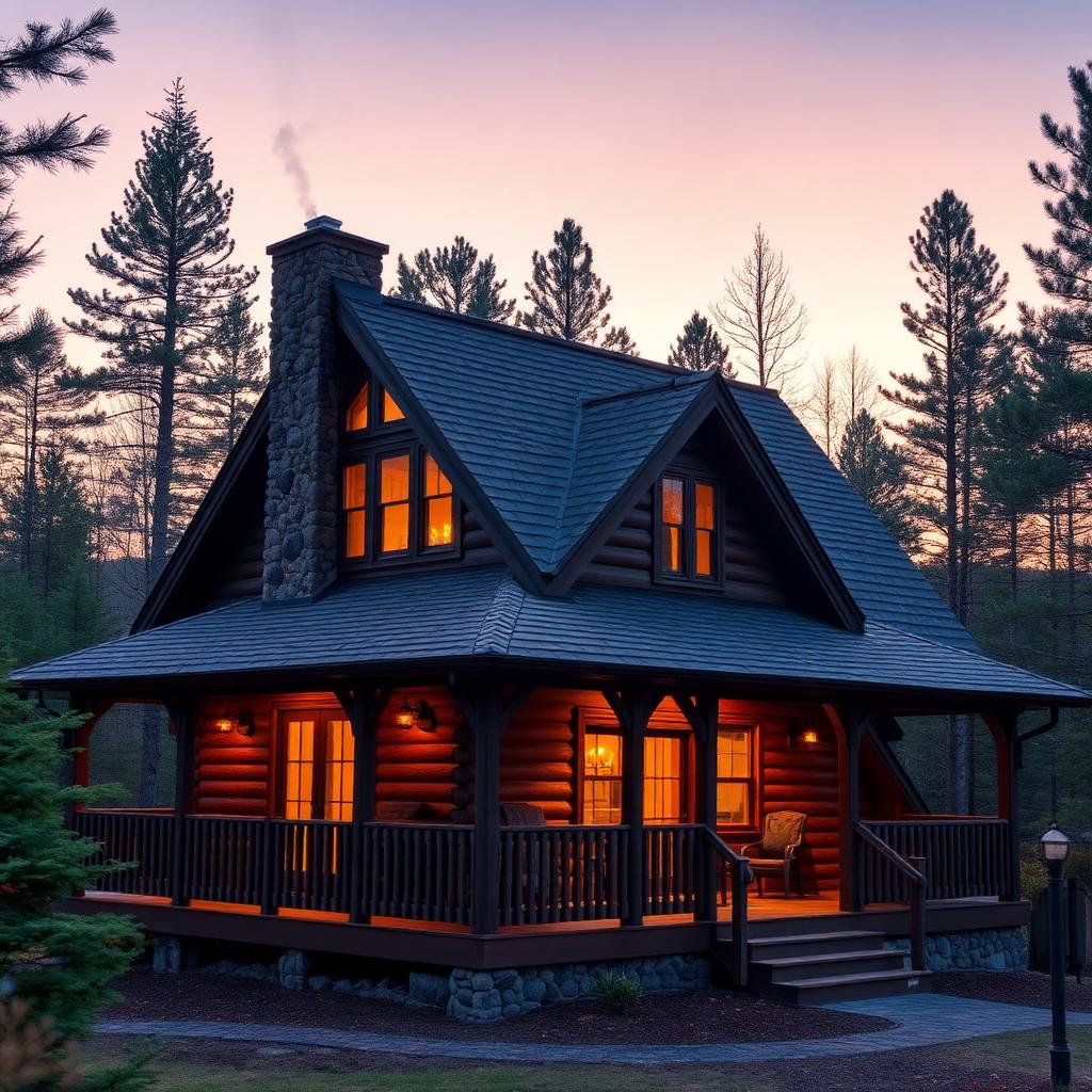 Warm rustic log cabin at dusk surrounded by pine trees