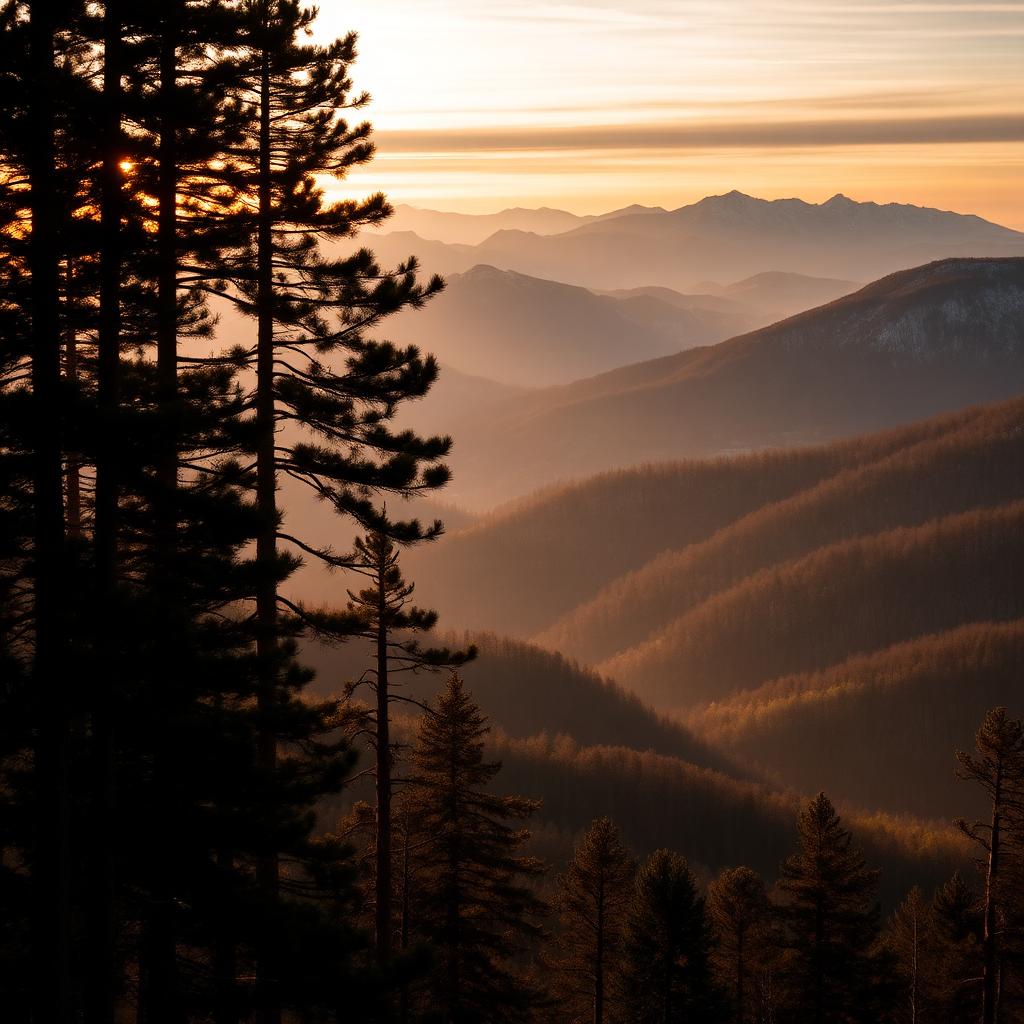 Sunset over the Pocono Mountains with tall pine trees